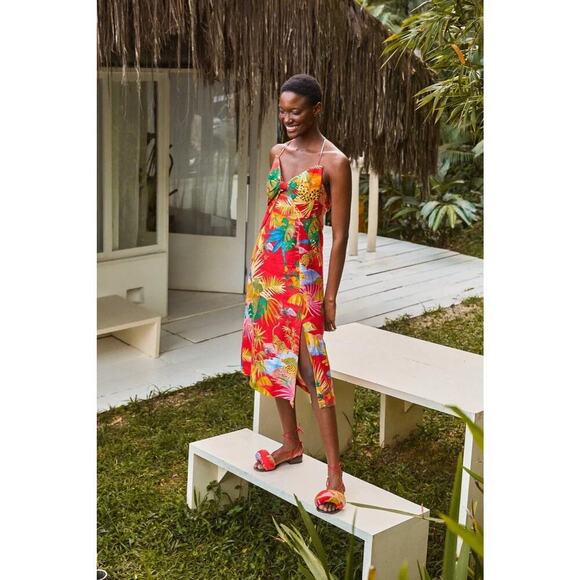 NWT Farm Rio Tropical Jungle Bow Midi Dress Halter Women’s Large Maximalist